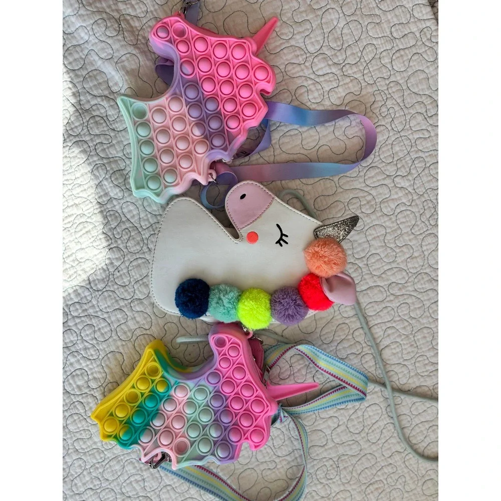 Unicorn Purses Pop It Fidget Crossbody Bag Rainbow Pom Pom‎ White